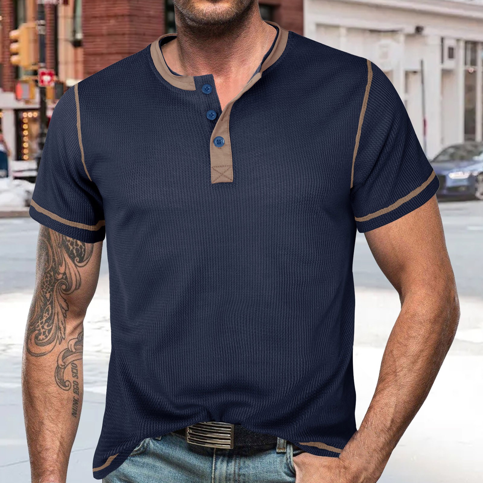 thumbnail image 2 of Camiseta de hombre con botones y cuello abierto en bloques de color - Manga corta, holgada y cómoda, informal/de negocios, poliéster, adecuada para primavera/otoño., 2 of 6